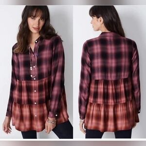 J. Jill Plaid Button Up Tunic Top Long Sleeve Large